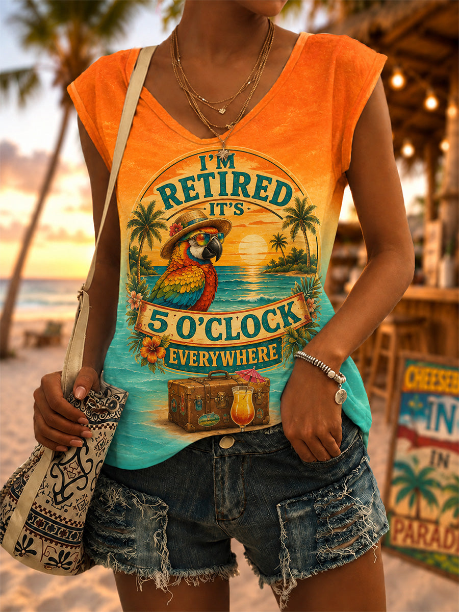 Women's I'm Retired It's 5 O'clock Everywhere Parrot Print Casual V-Neck Vest gracestitchs