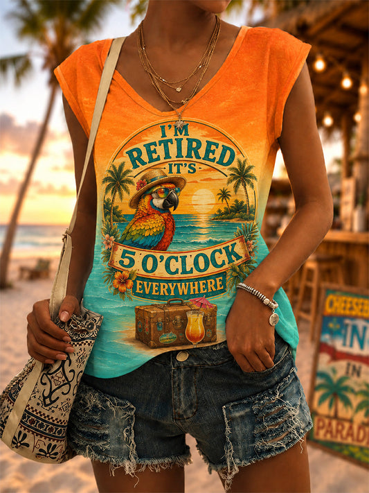 Women's I'm Retired It's 5 O'clock Everywhere Parrot Print Casual V-Neck Vest gracestitchs