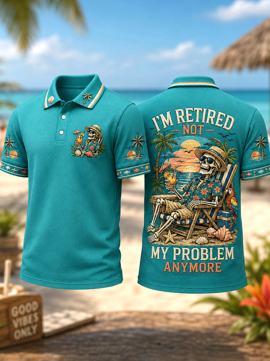 Men's Funny I'm Retired Not My Problem Anymore Skeleton Print Casual Polo gracestitchs