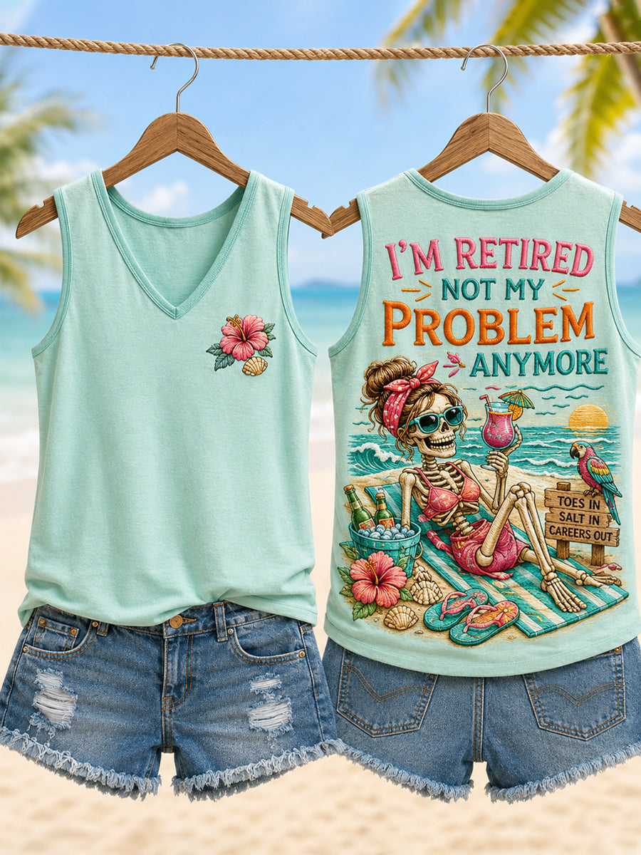 Women's Funny I'm Retired Not My Problem Anymore Skeleton Print Casual Vest gracestitchs