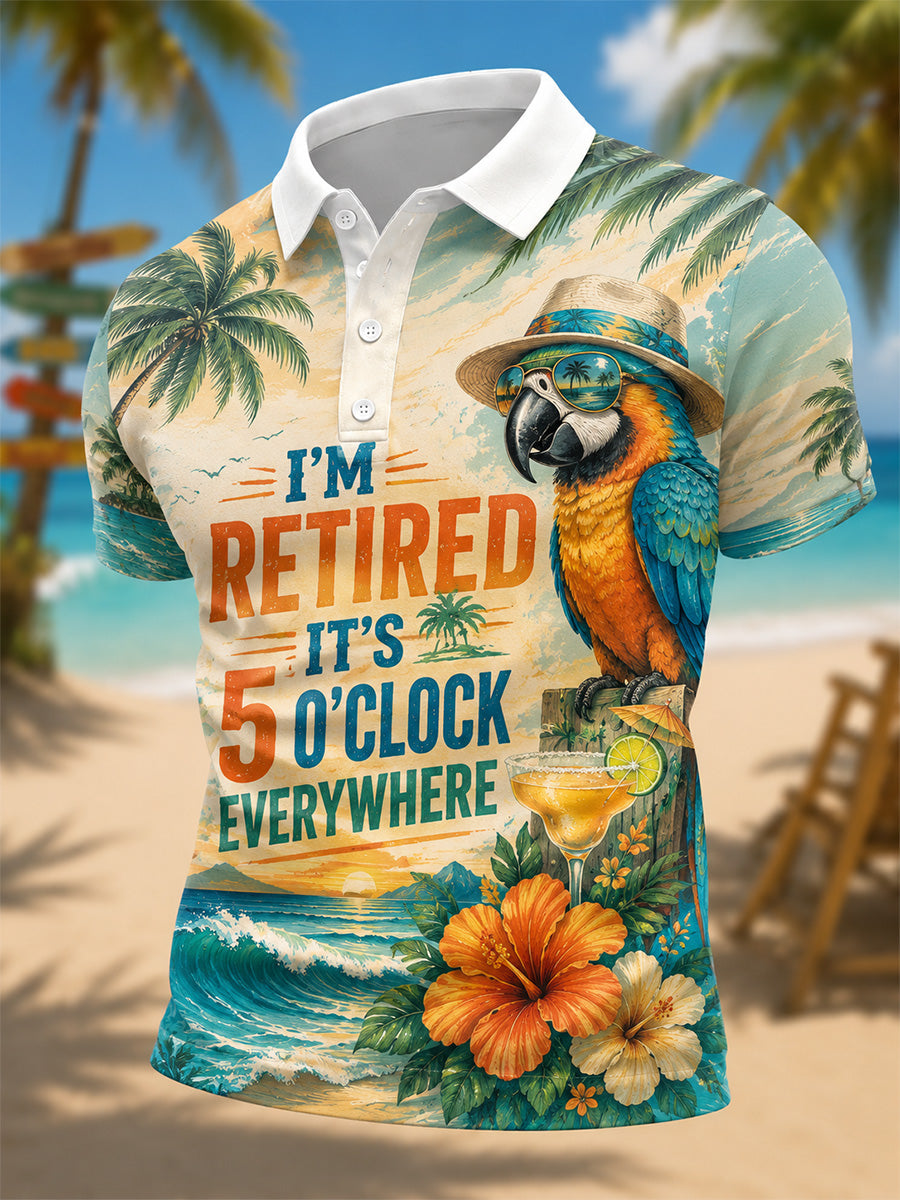 Men's I'm Retired It's 5 O'clock Everywhere Parrot Print Casual Polo gracestitchs