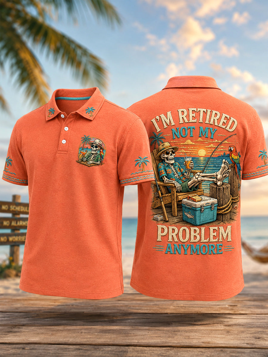 Men's Funny I'm Retired Not My Problem Anymore Skeleton Print Casual Polo gracestitchs