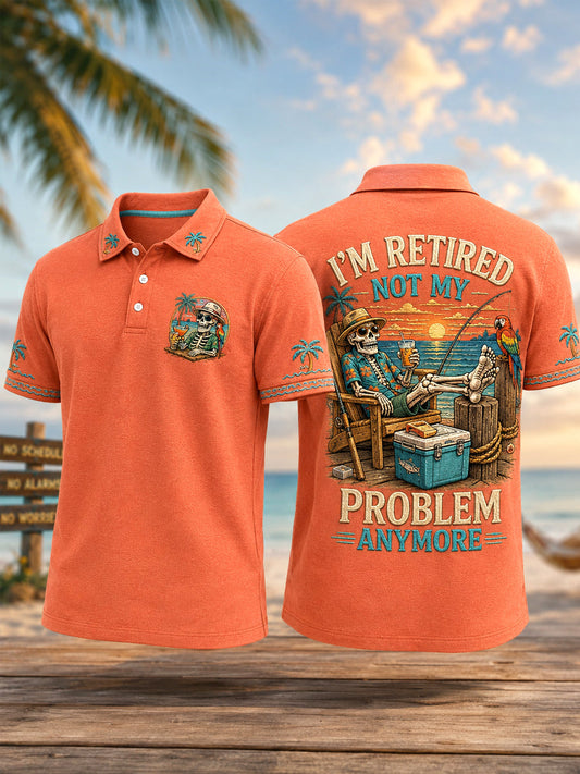 Men's Funny I'm Retired Not My Problem Anymore Skeleton Print Casual Polo gracestitchs