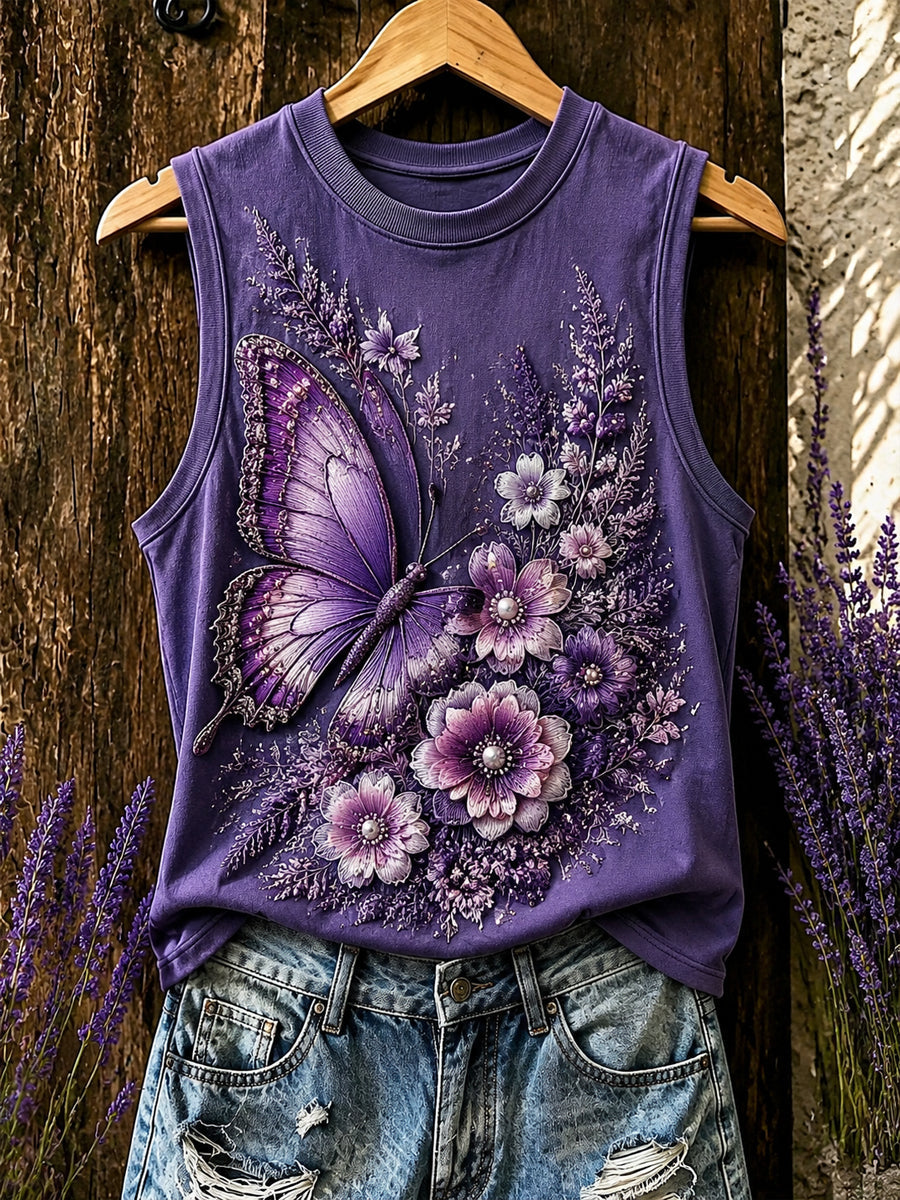 Women's Purple Flora Art Print Vest Top gracestitchs