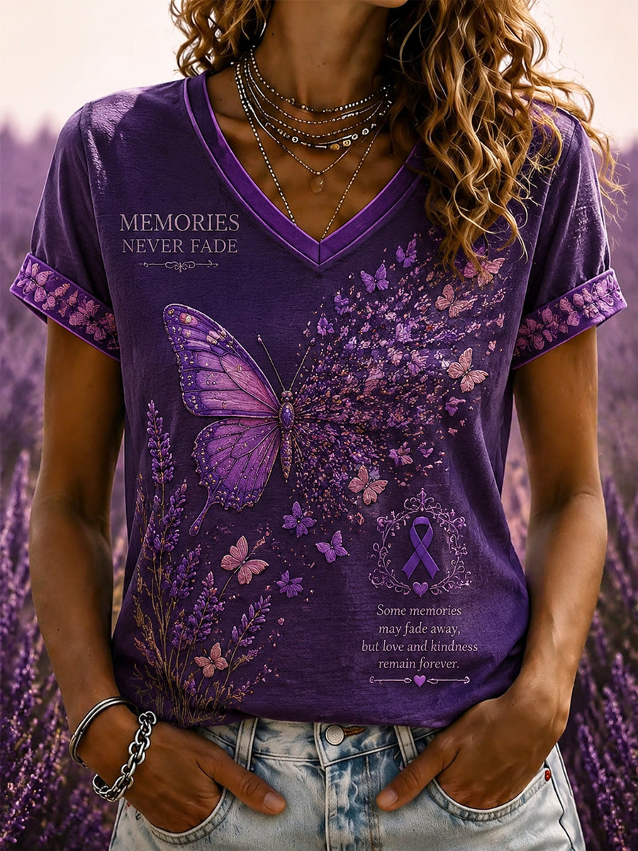 Women's Purple Flora Art Printed V-neck T-shirt gracestitchs