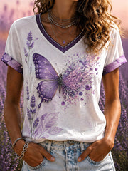 Women's Purple Flora Art Printed V-neck T-shirt gracestitchs