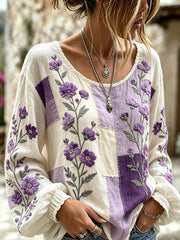 Women's Flowers Pattern Printed Linen Casual Cotton and Linen Shirt gracestitchs