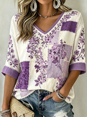 Women's Flowers Pattern Printed Linen Casual Mid-length Sleeves T-shirt gracestitchs