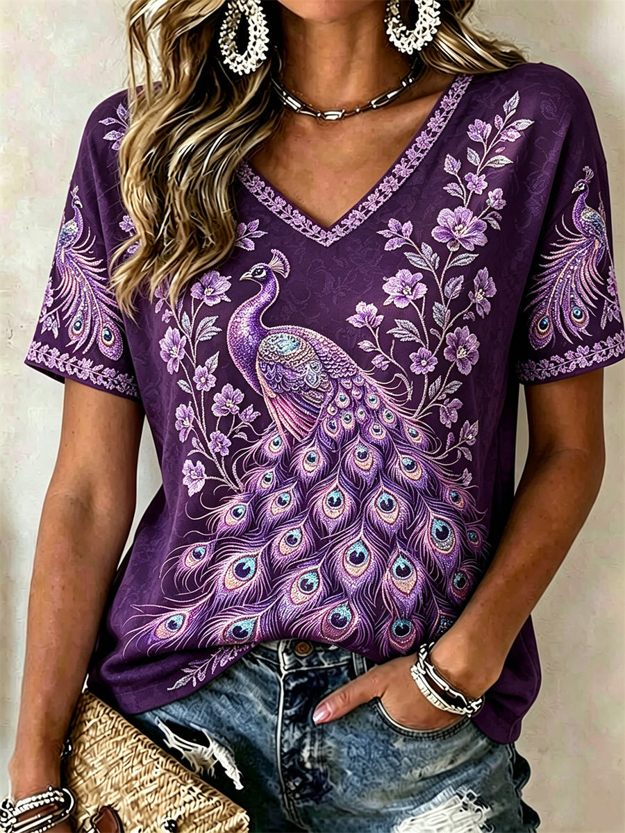 Women's Classy Purple Peacock Floral Glitter Print short-sleeved T-shirt gracestitchs