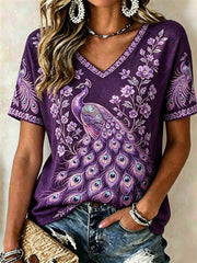 Women's Classy Purple Peacock Floral Glitter Print short-sleeved T-shirt gracestitchs