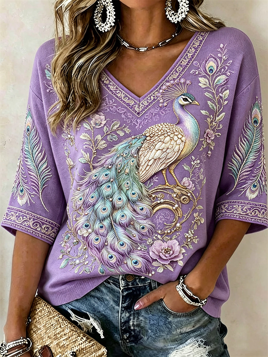 Women's Classy Purple Peacock Floral Glitter Print Mid-length Sleeves V-Neck T-Shirt gracestitchs