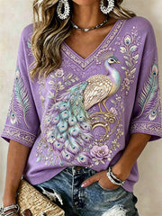 Women's Classy Purple Peacock Floral Glitter Print Mid-length Sleeves V-Neck T-Shirt gracestitchs