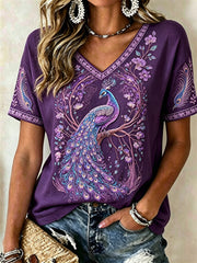 Women's Classy Purple Peacock Floral Glitter Print short-sleeved T-shirt gracestitchs