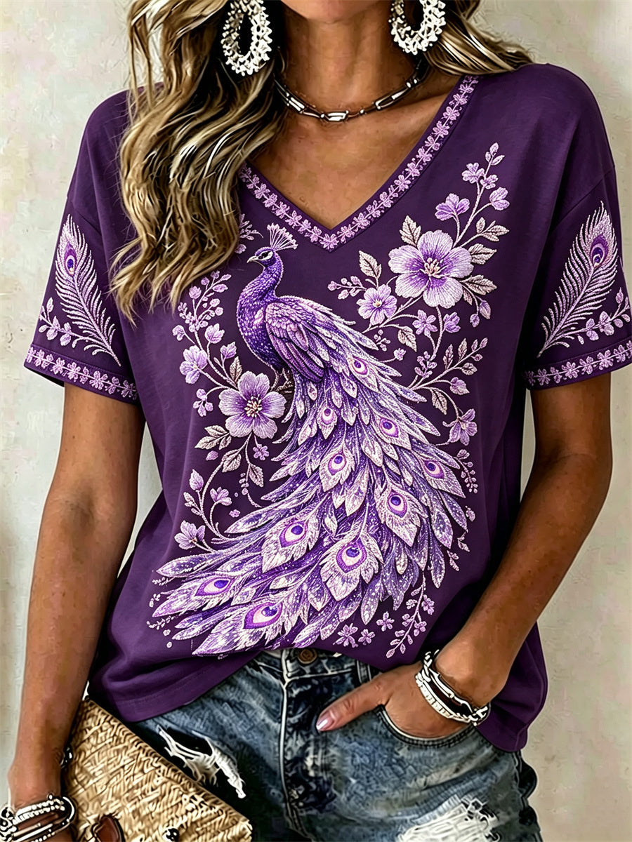 Women's Classy Purple Peacock Floral Glitter Print short-sleeved T-shirt gracestitchs