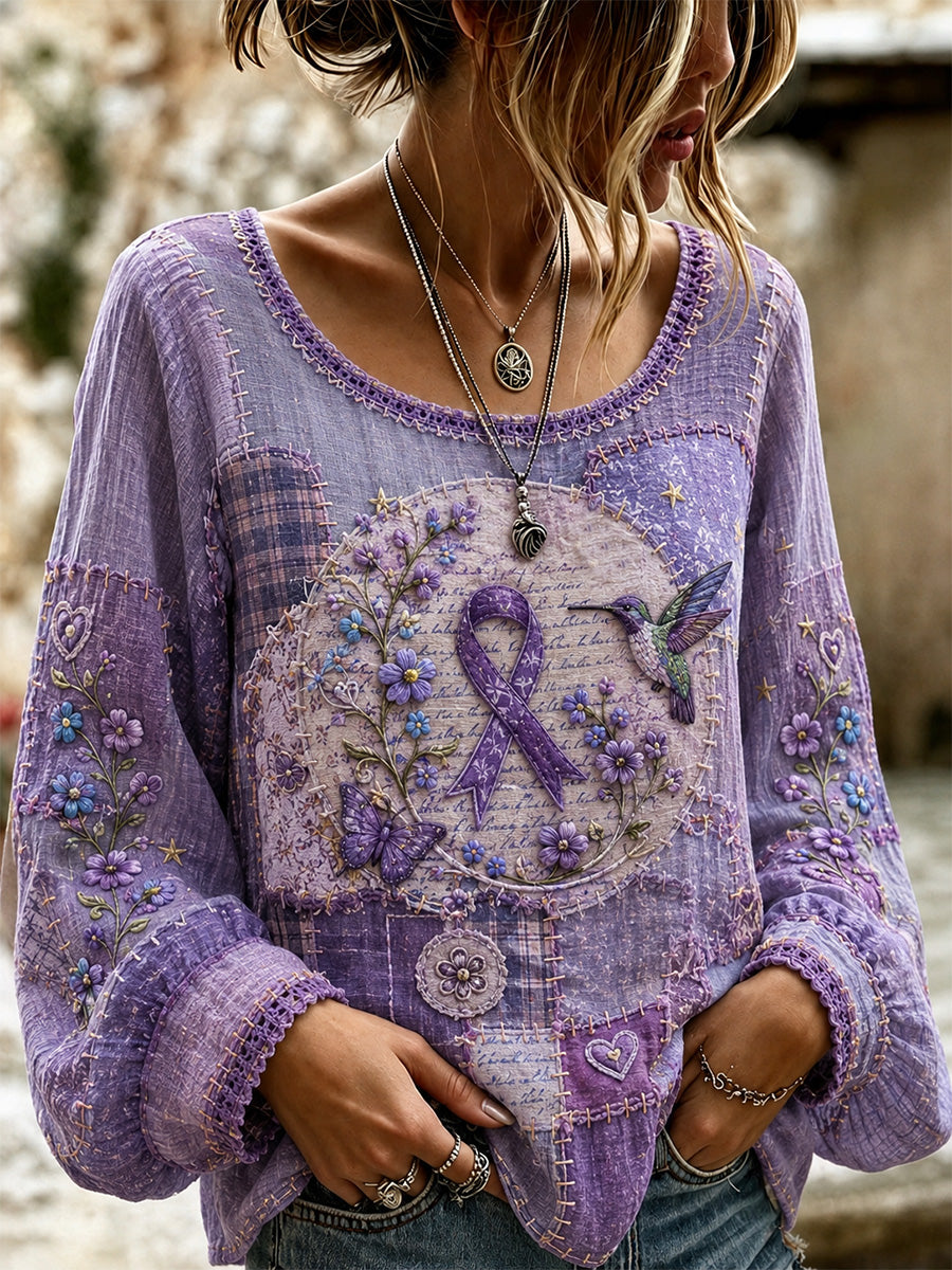 Women's Patchwork Purple Floral & Hummingbird Print Alzheimer's Awareness Support Top gracestitchs
