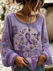 Women's Patchwork Purple Floral & Hummingbird Print Alzheimer's Awareness Support Top gracestitchs