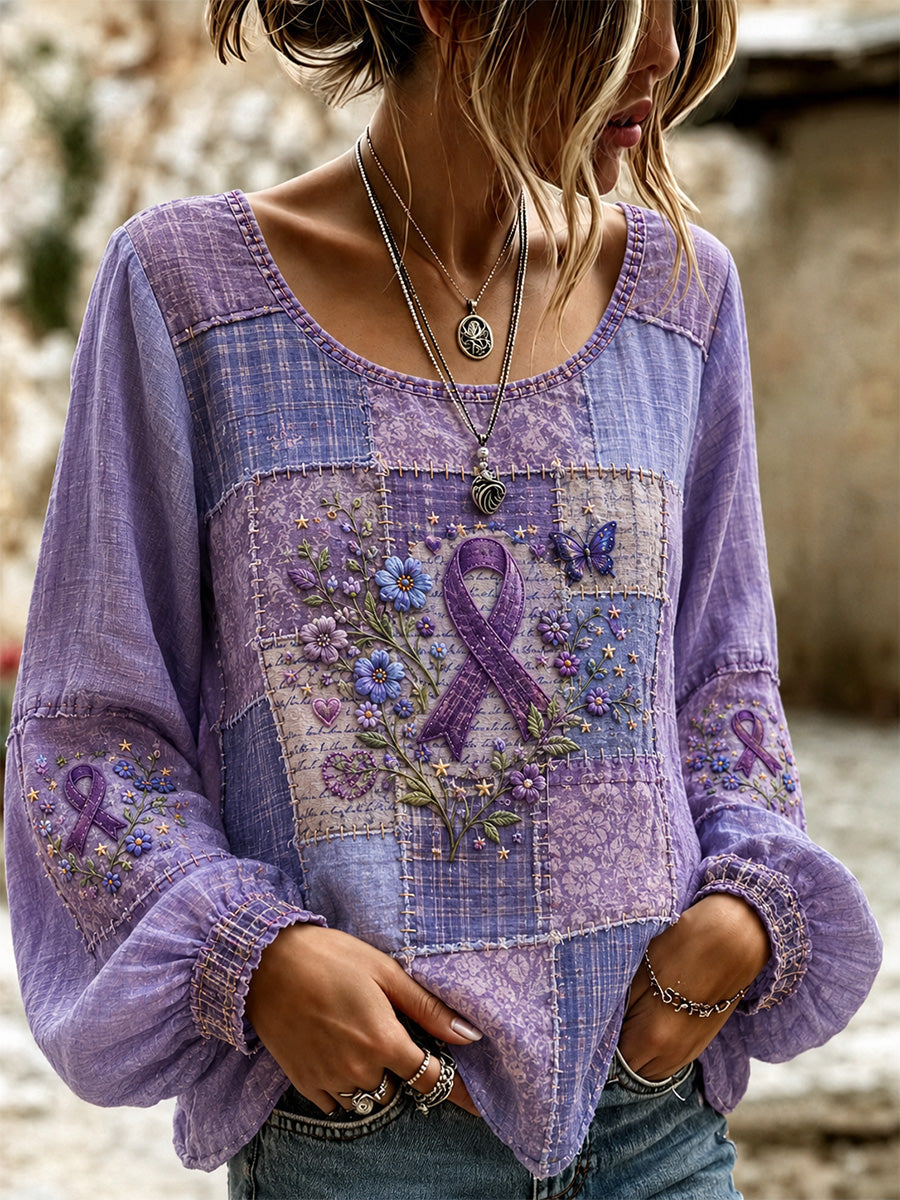 Women's Patchwork Purple Floral & Butterfly Print Alzheimer's Awareness Support Top gracestitchs