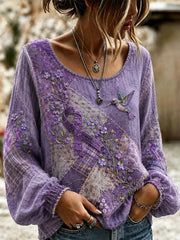 Women's Patchwork Purple Floral & Hummingbird Print Alzheimer's Awareness Support Top gracestitchs