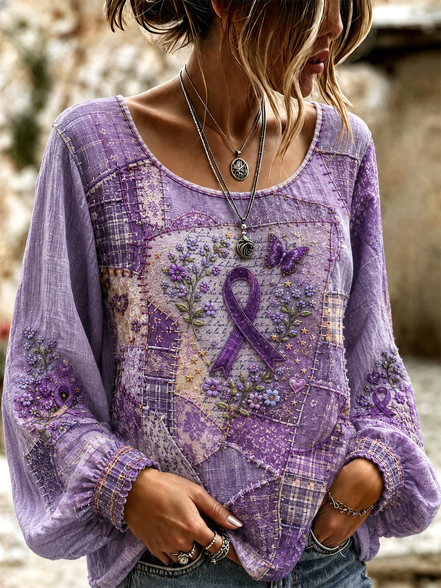Women's Patchwork Purple Floral & Butterfly Print Alzheimer's Awareness Support Top gracestitchs