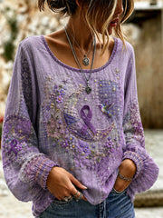 Women's Patchwork Purple Floral & Hummingbird Print Alzheimer's Awareness Support Top gracestitchs