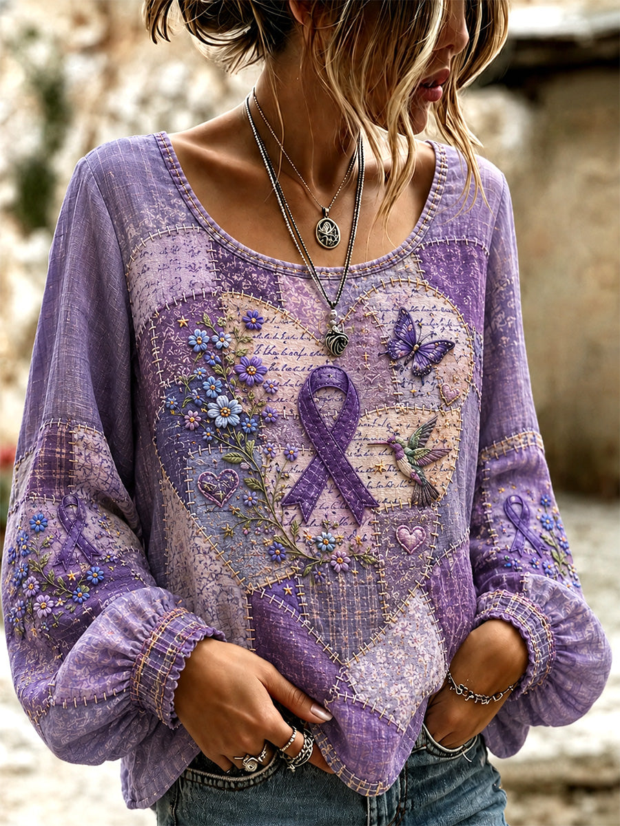 Women's Patchwork Purple Floral & Hummingbird Print Alzheimer's Awareness Support Top gracestitchs