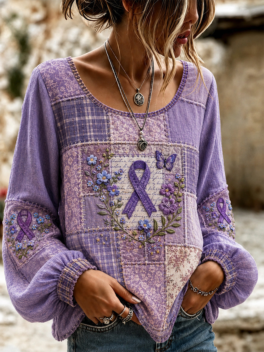 Women's Patchwork Purple Floral & Butterfly Print Alzheimer's Awareness Support Top gracestitchs