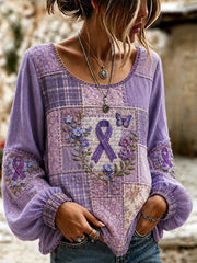 Women's Patchwork Purple Floral & Butterfly Print Alzheimer's Awareness Support Top gracestitchs