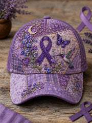 Unisex Patchwork Purple Floral & Hummingbird Print Alzheimer's Awareness Support Hat gracestitchs