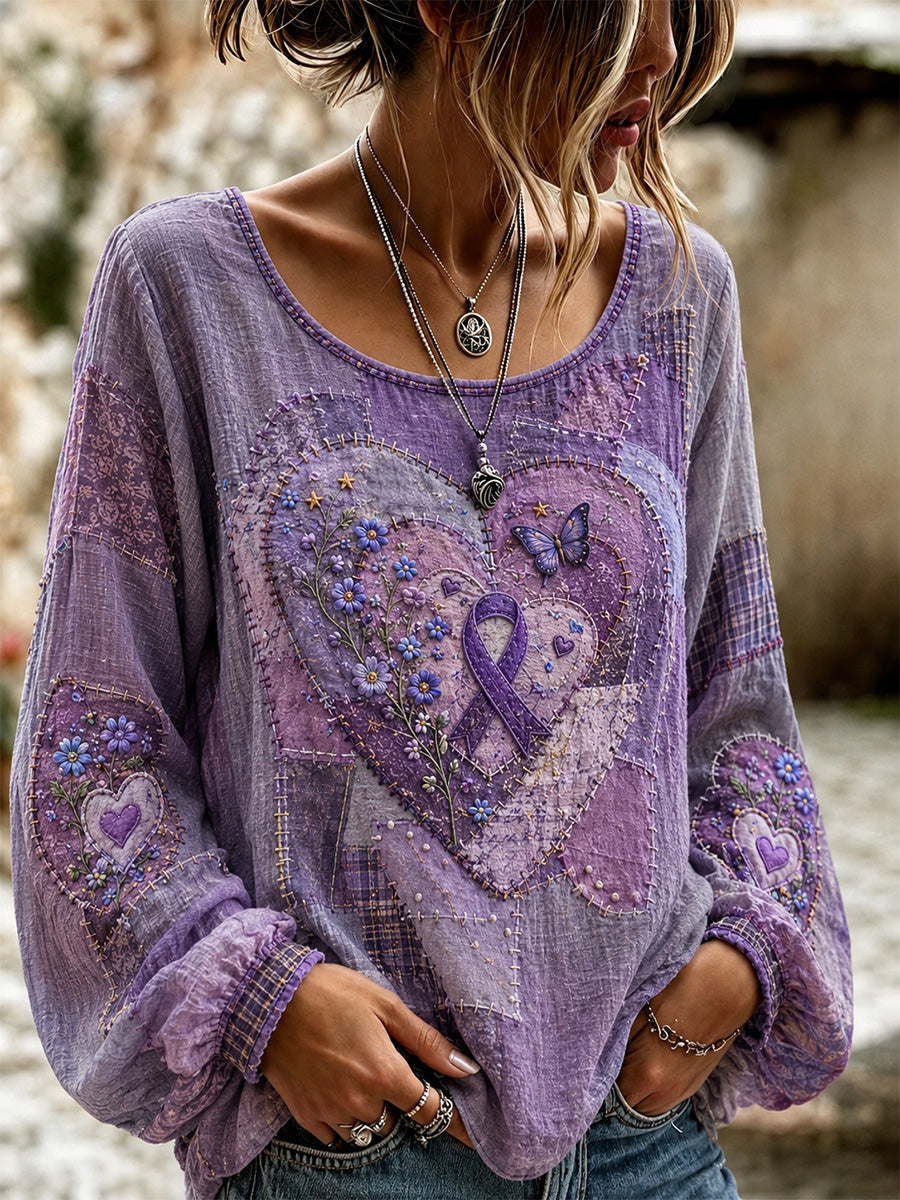 Women's Patchwork Purple Floral & Butterfly Print Alzheimer's Awareness Support Top gracestitchs