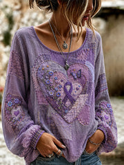 Women's Patchwork Purple Floral & Butterfly Print Alzheimer's Awareness Support Top gracestitchs