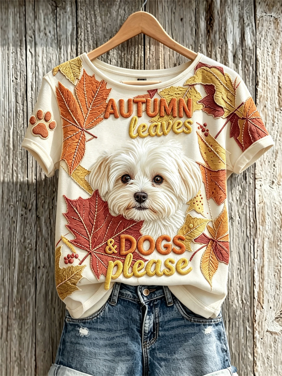 Women's Autumn Leaves & Dogs Please Peeking Maltese Dog Print short-sleeved T-shirt gracestitchs