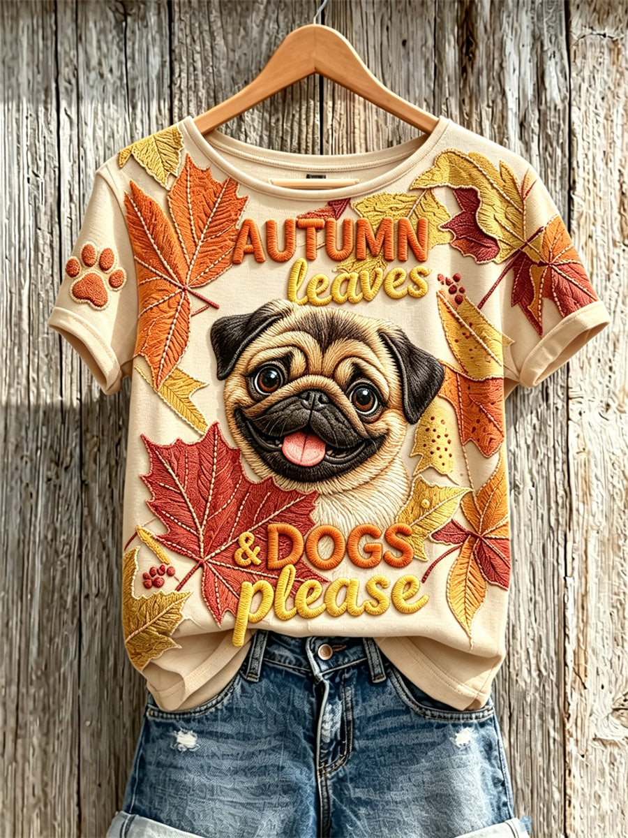 Women's Autumn Leaves & Dogs Please Peeking Pug Dog Print short-sleeved T-shirt gracestitchs