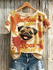 Women's Autumn Leaves & Dogs Please Peeking Pug Dog Print short-sleeved T-shirt gracestitchs