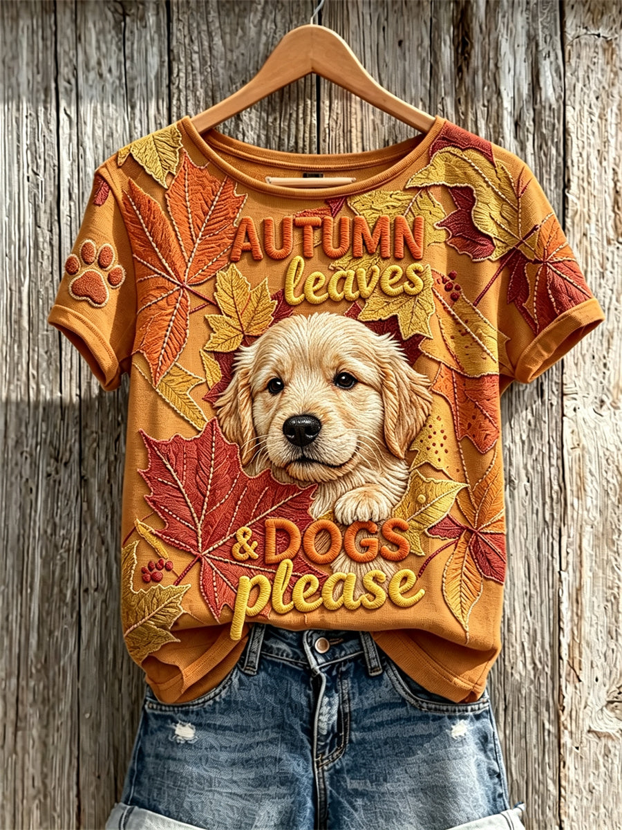 Women's Autumn Leaves & Dogs Please Peeking Golden Retriever Dog Print short-sleeved T-shirt gracestitchs