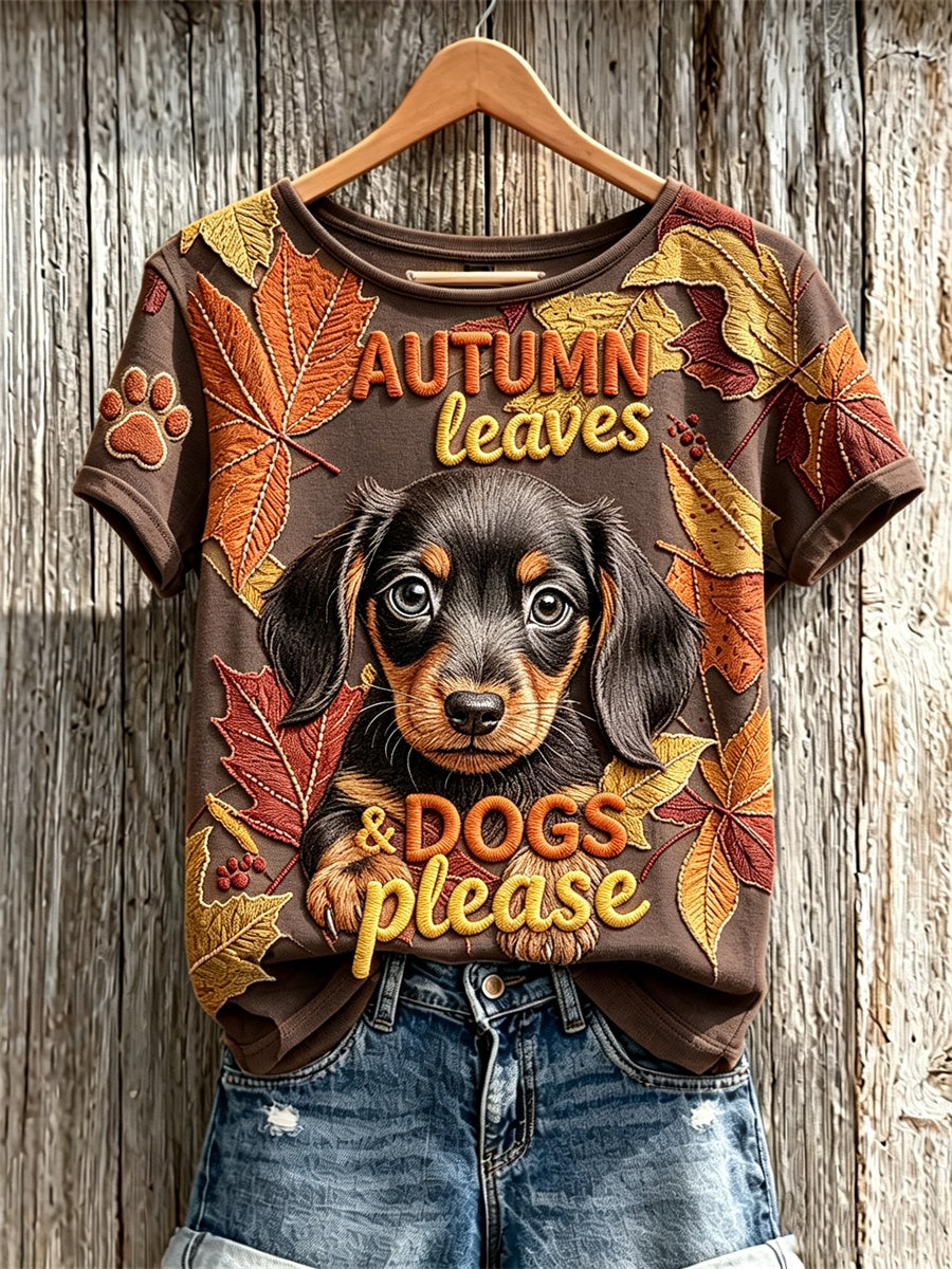 Women's Autumn Leaves & Dogs Please Peeking Dachshund Dog Print short-sleeved T-shirt gracestitchs