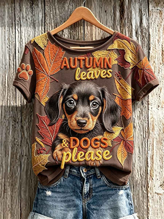 Women's Autumn Leaves & Dogs Please Peeking Dachshund Dog Print short-sleeved T-shirt