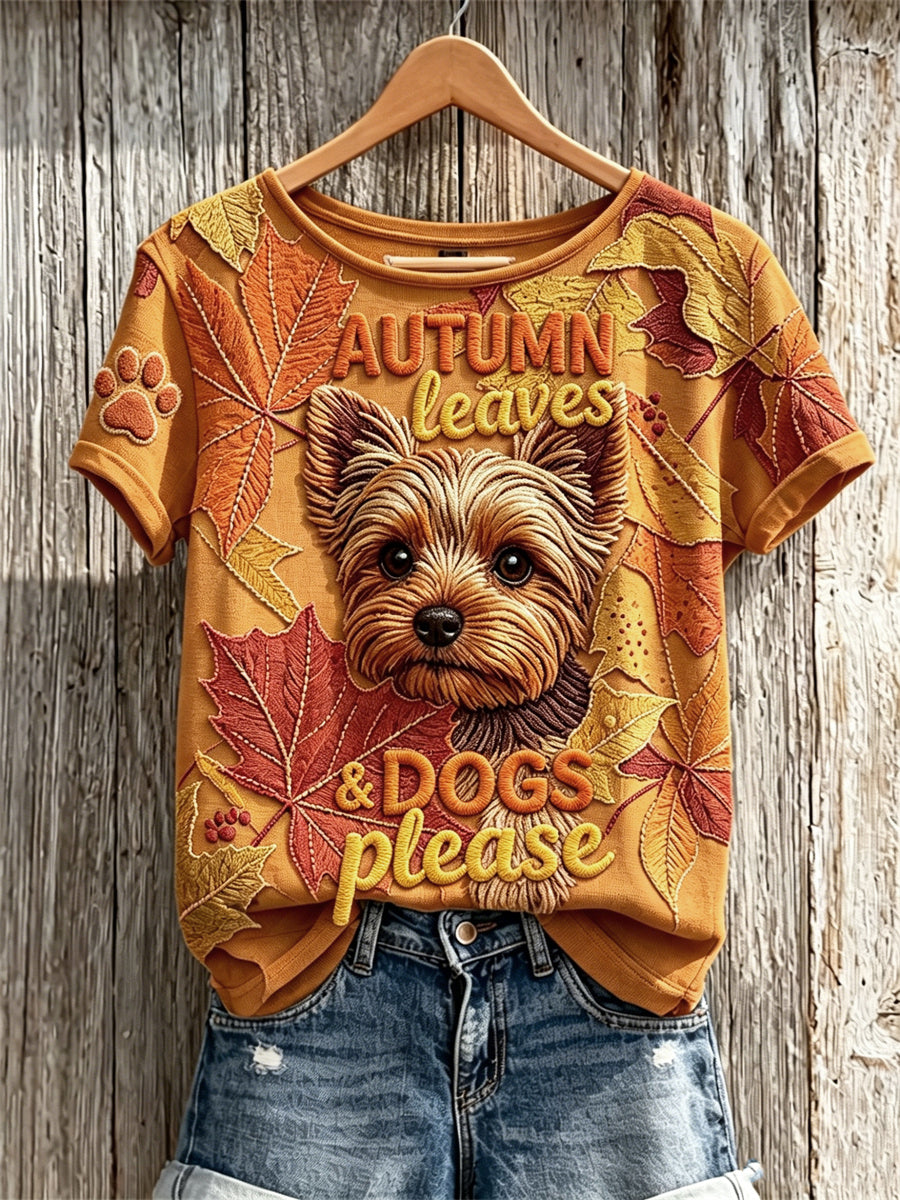 Women's Autumn Leaves & Dogs Please Peeking Yorkshire Terrier Dog Print short-sleeved T-shirt gracestitchs