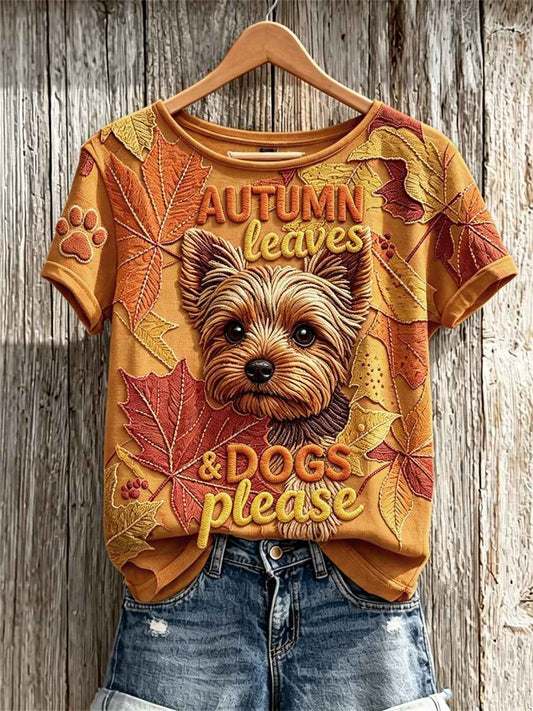 Women's Autumn Leaves & Dogs Please Peeking Yorkshire Terrier Dog Print short-sleeved T-shirt
