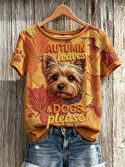 Women's Autumn Leaves & Dogs Please Peeking Yorkshire Terrier Dog Print short-sleeved T-shirt gracestitchs