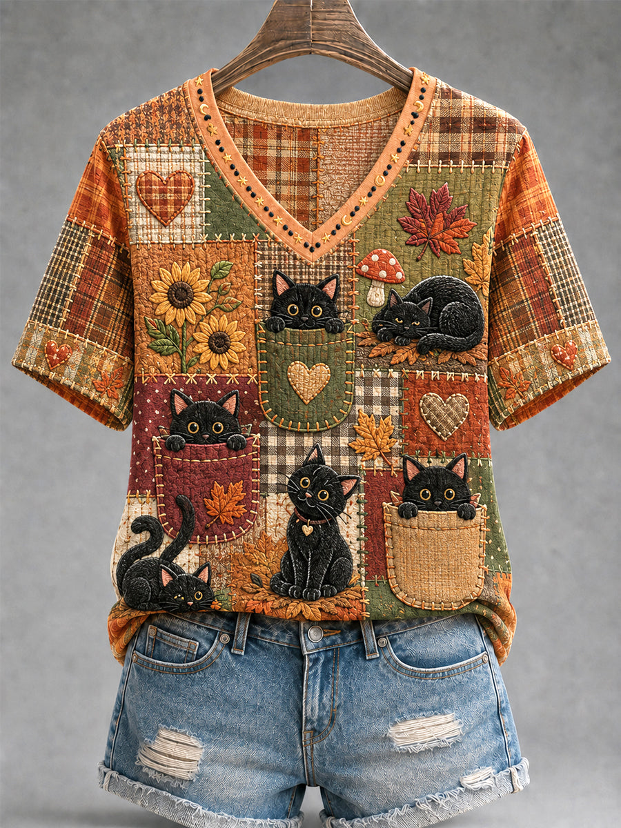 Women's Fall Season Cute Black Cats Print Casual V-Neck Tee gracestitchs