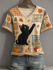 Women's Fall Season Cute Black Cat Print Casual V-Neck Tee gracestitchs