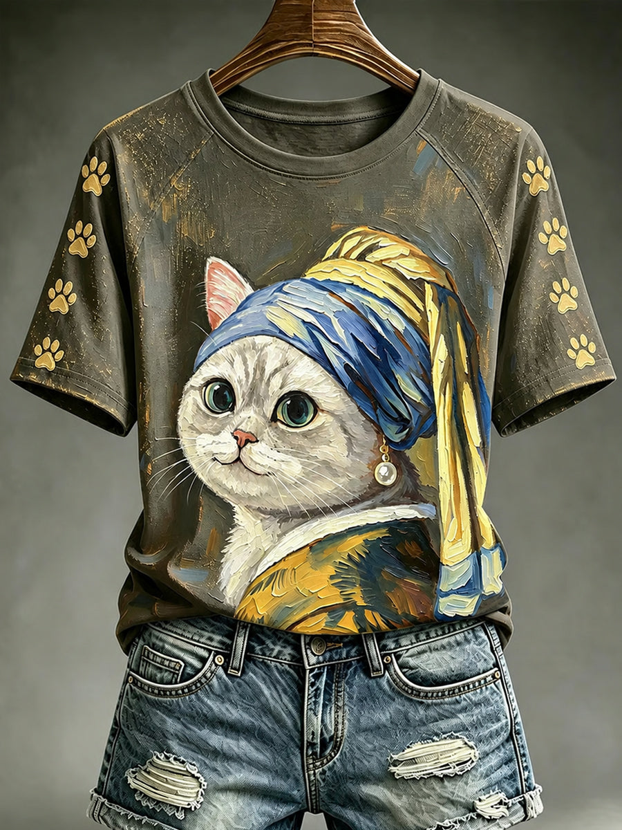 Women's Vintage Cute Cat Round Neck Short Sleeve T-shirt gracestitchs
