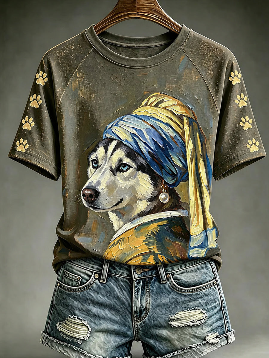 Women's Vintage Cute Dog Round Neck Short Sleeve T-shirt gracestitchs