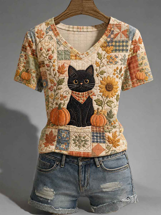 Women's Fall Season Cute Black Cat Print Casual V-Neck Tee