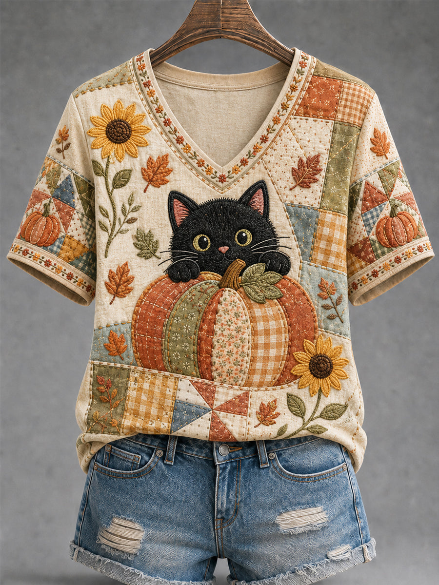 Women's Fall Season Cute Black Cat Print Casual V-Neck Tee gracestitchs