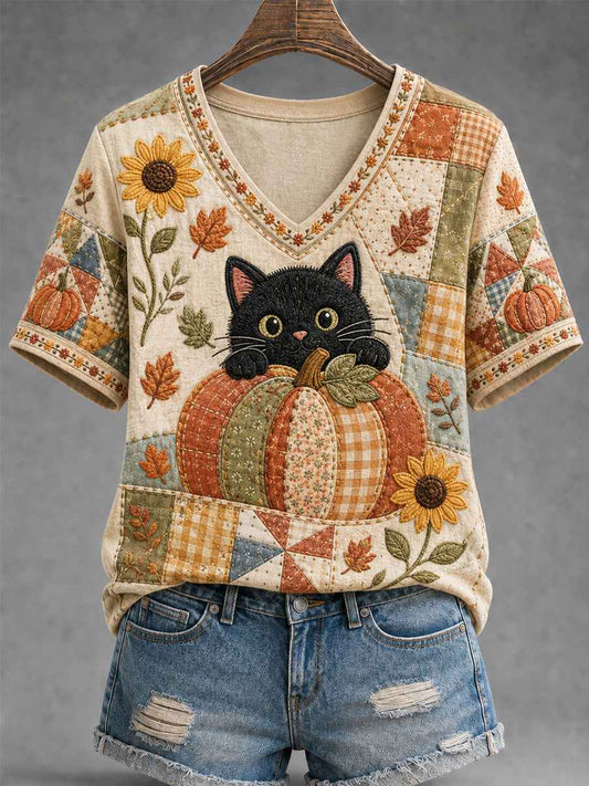 Women's Fall Season Cute Black Cat Print Casual V-Neck Tee