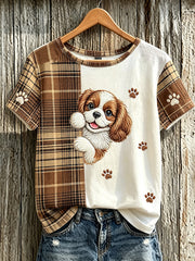 Women's cute dog check pattern printed casual short-sleeve T-shirt gracestitchs