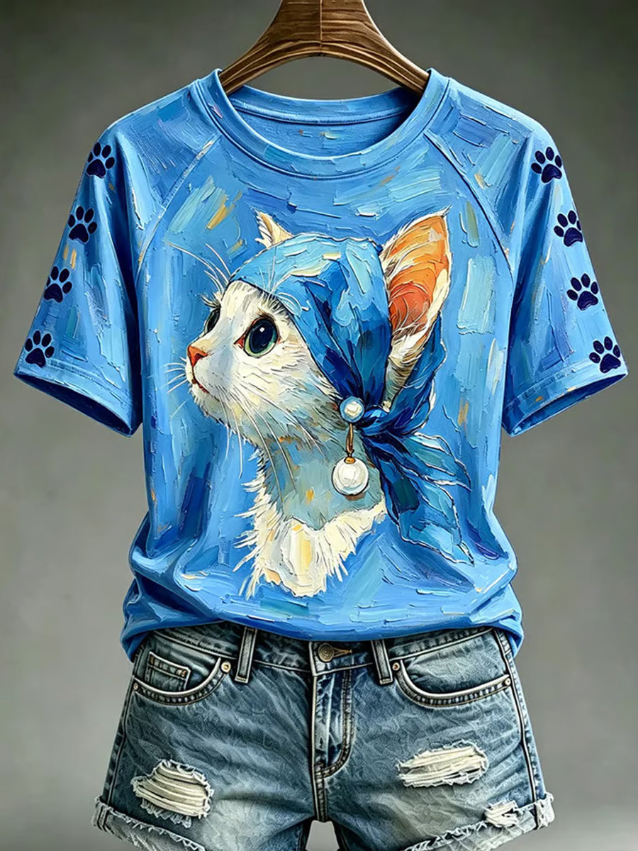 Women's Vintage Cute Cat Round Neck Short Sleeve T-shirt gracestitchs