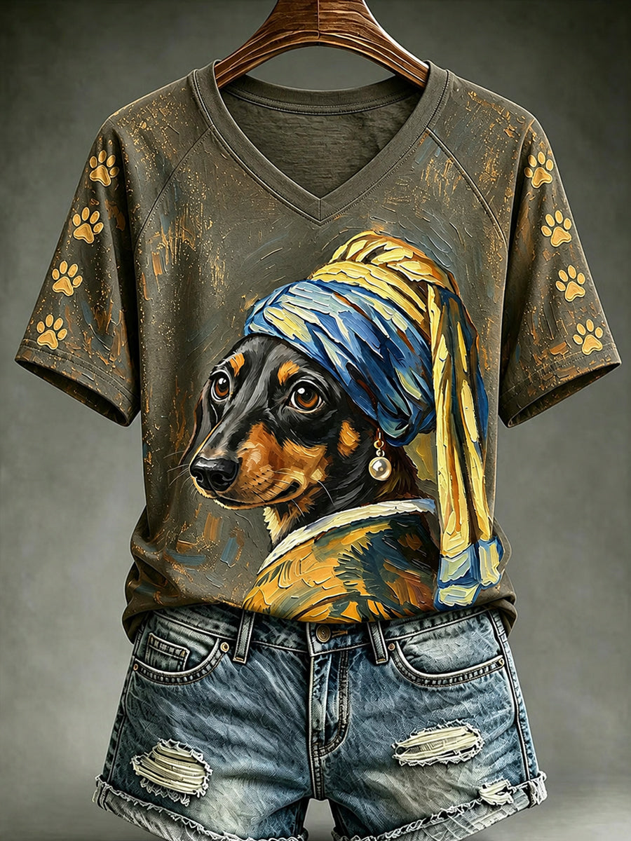 Women's Vintage Cute Dog V-neck Off-shoulder Short-sleeved T-shirt gracestitchs