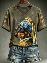 Women's Vintage Cute Dog V-neck Off-shoulder Short-sleeved T-shirt gracestitchs